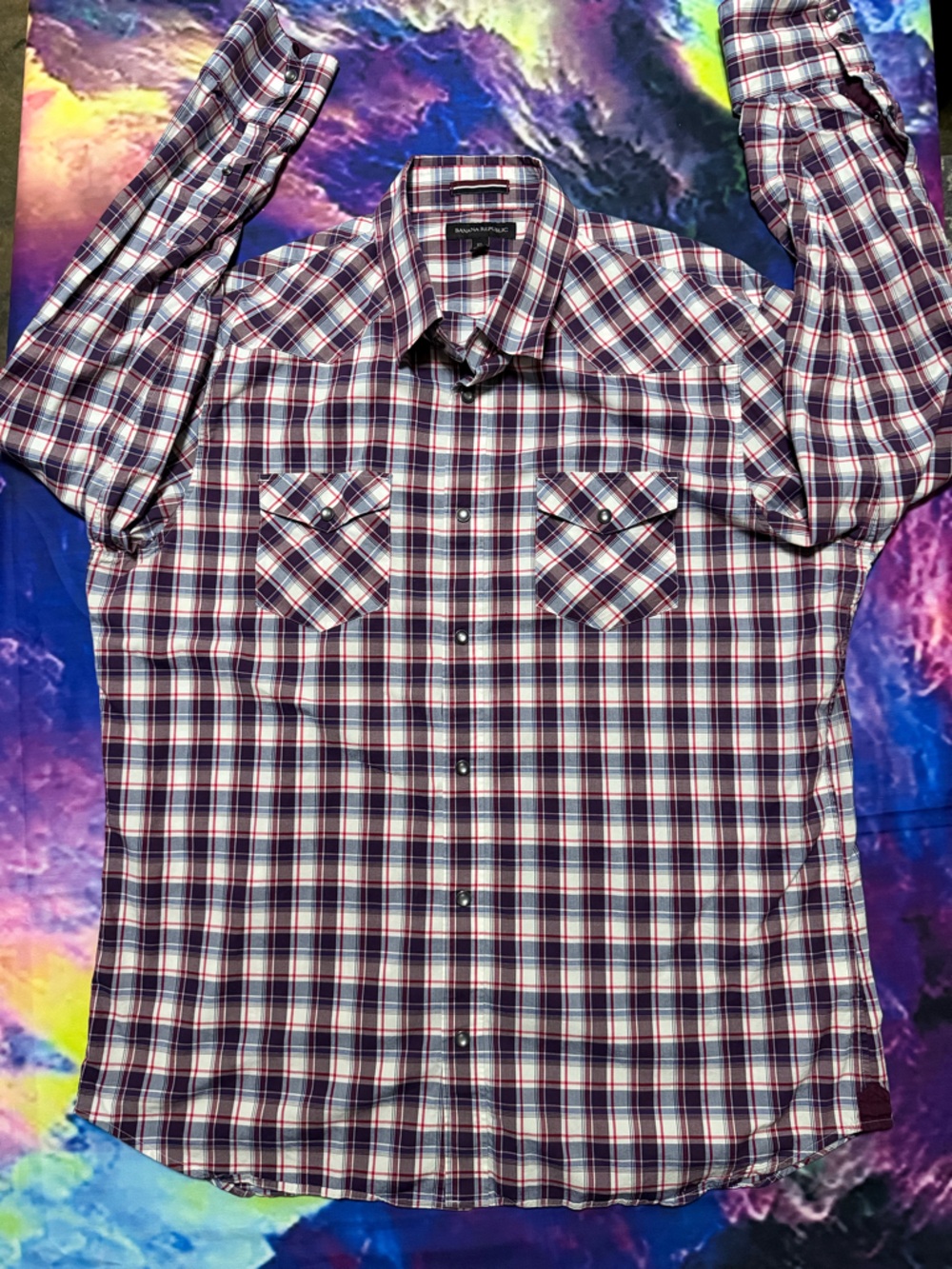 Banana Republic Plaid Button-Up Shirt in Navy, White, Burgundy